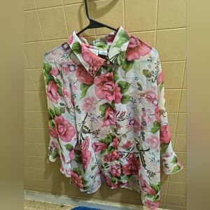 Nicola Sheer Button Up Blouse Women’s 22W Green Pink Retro Floral Chiffon